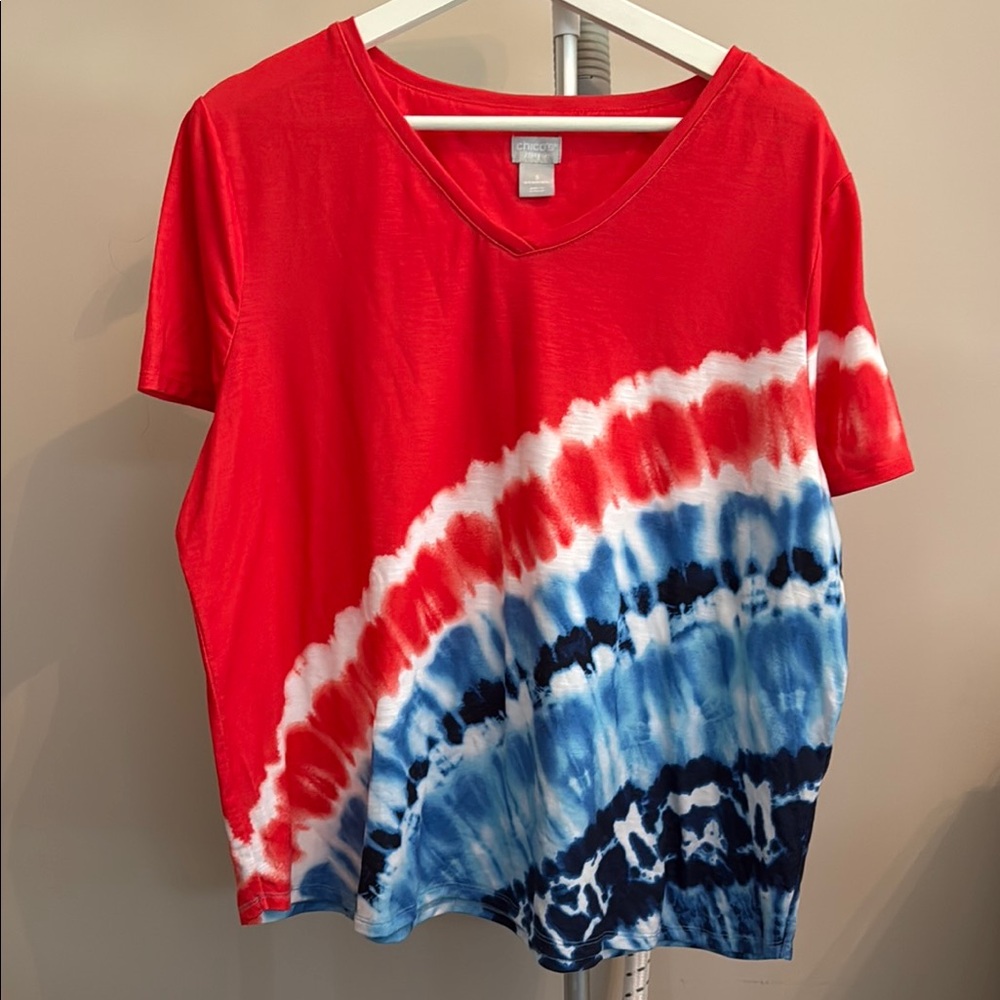 Chicos Zenergy Vibrant Red Tie-Dye V-Neck Top - worn 5-6 times.